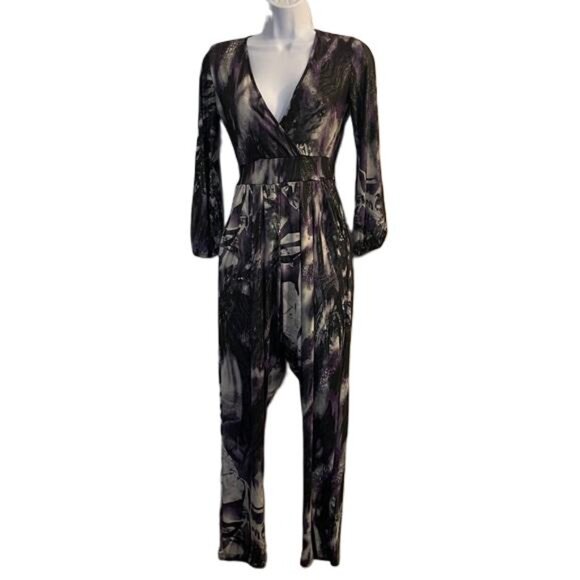 TRUE LIGHT Pants - TRUE LIGHT Purple and Black Nylon Jumpsuit Night Out Stylish, Small